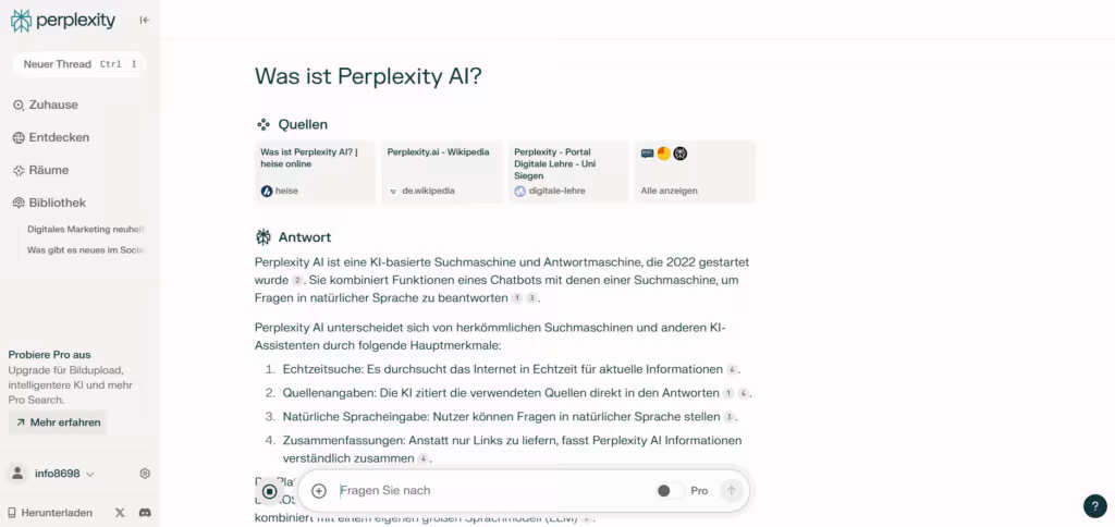 Screenshot einer Webseite mit einer Erklärung zu Perplexity AI auf Deutsch.