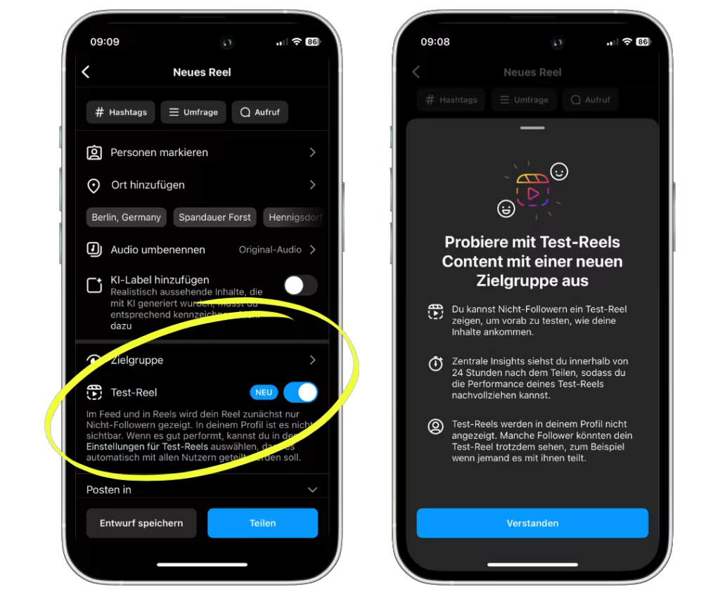 Smartphone-Bildschirm zeigt Einstellungen für Test-Reels in einer Social-Media-App.