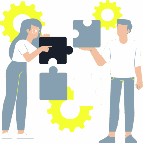 Zwei Personen setzen Puzzleteile zusammen vor Zahnrädern.