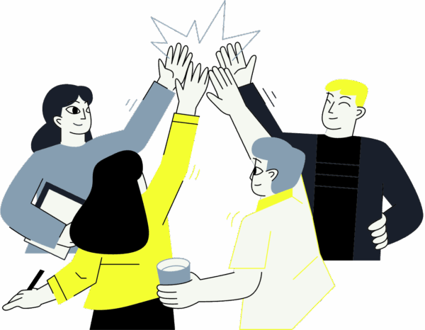 Vier Personen geben sich gegenseitig High Five in einer Gruppe.