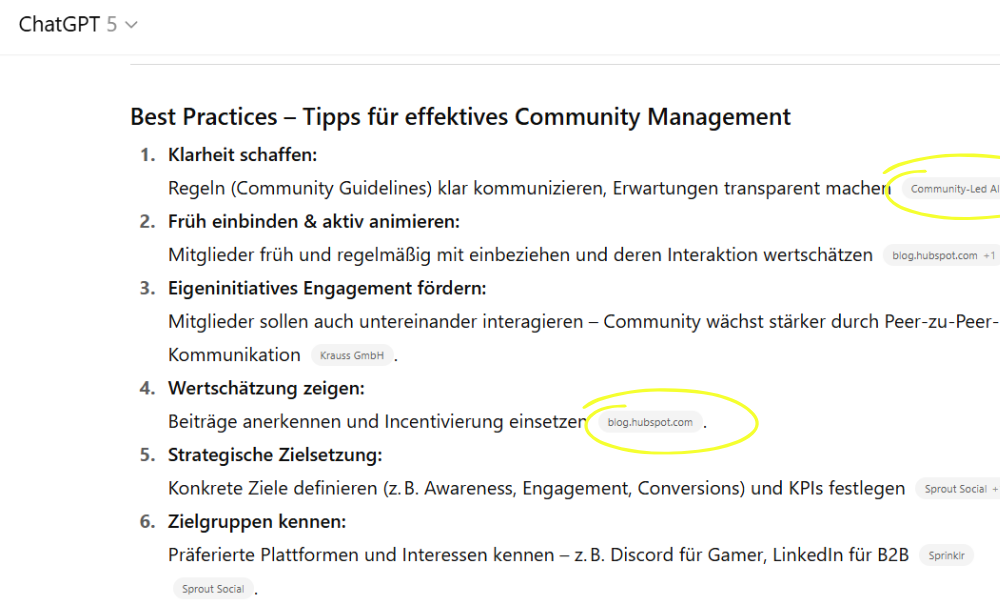 ChatGPT SEO Beispiel - Quellenverlinkung in einer ChatGPT Recherche