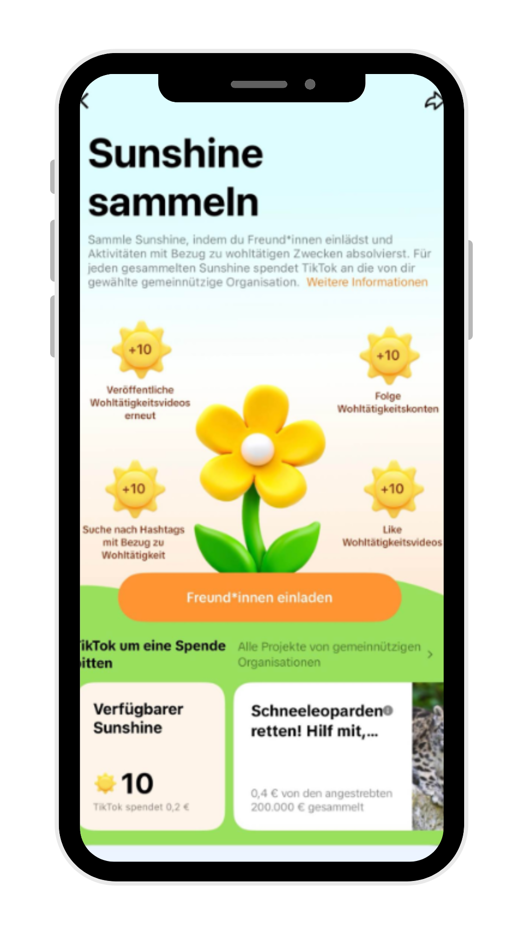 Handy mit Applikation TikTok Pro Sunshine mit TikTok Spenden