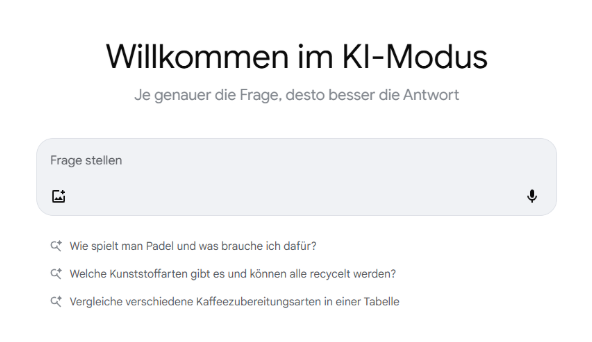AI Mode Deutschland Startbildschirm "Willkommen im Google KI Modus"