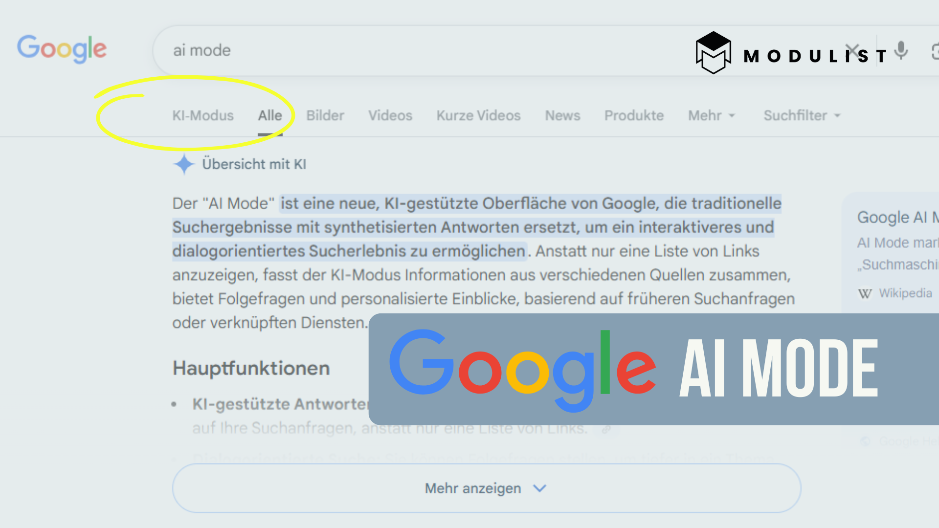 Google AI Mode Deutschland Header. Google Suchoberfläche mit Suchbegriff "AI Mode"
