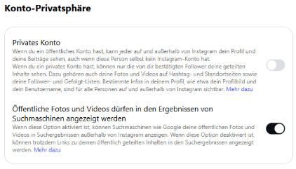 Instagram Einstellungen - konto privatsphäre - Öffentliche Fotos und Videos dürfen in den Ergebnissen von Suchmaschinen angezeigt werden