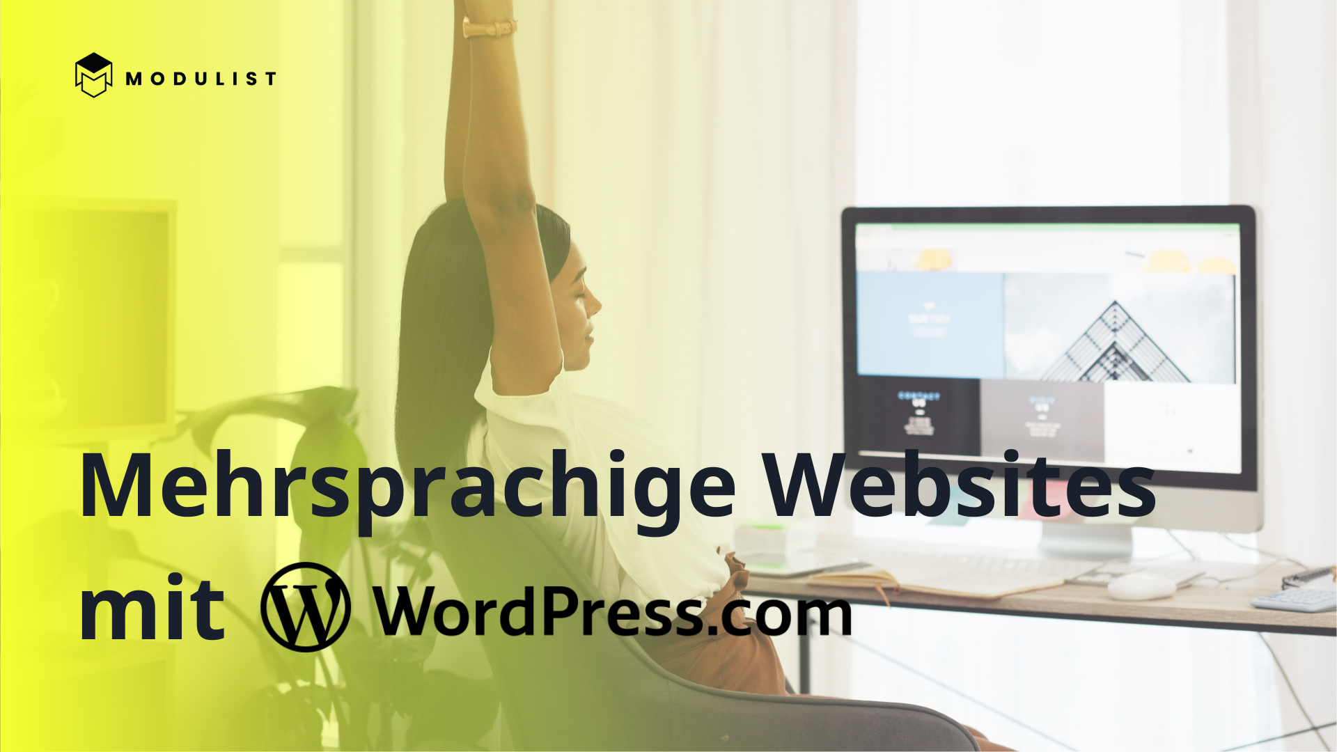 Header mit Frau vorm PC und dem Titel "Mehrsprachige Websites mit Wordpress mehrsprachrig aufsetzen"