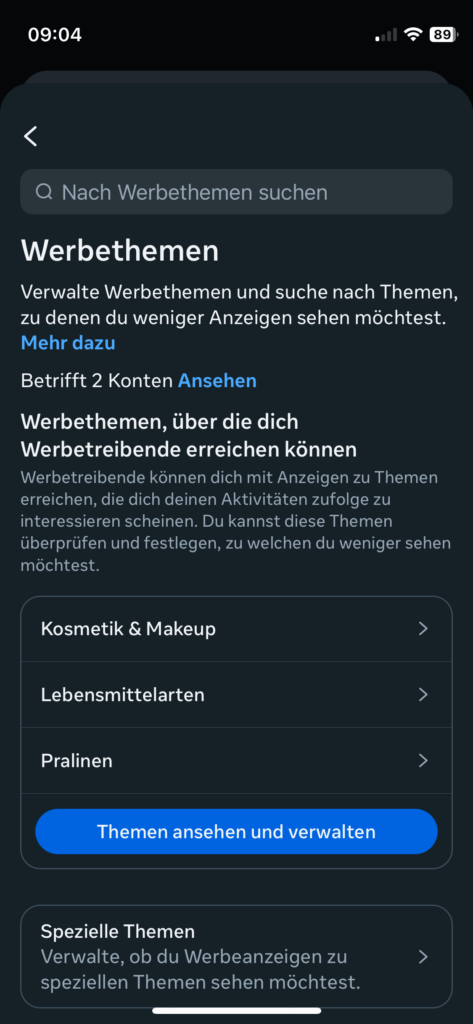 Meta Werbepräferenzen - Screenshot von der Auflistung der Werbethemen