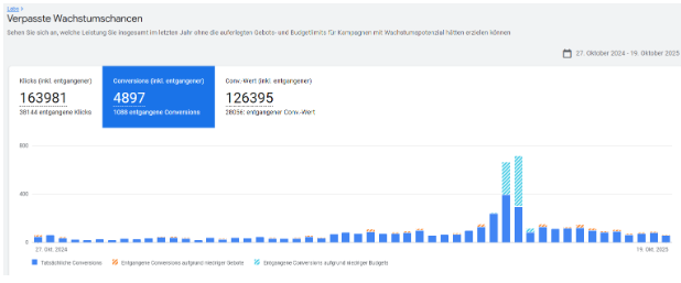Google Ads Labs verpasste Wachstumschancen Screenshot