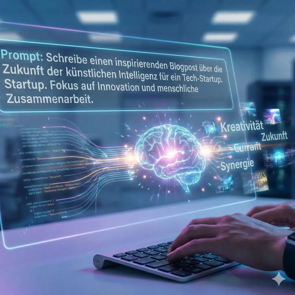 Hände tippen auf Tastatur vor holografischem Bildschirm mit digitalem Gehirn und Begriffen zu KI, Innovation und Zusammenarbeit.