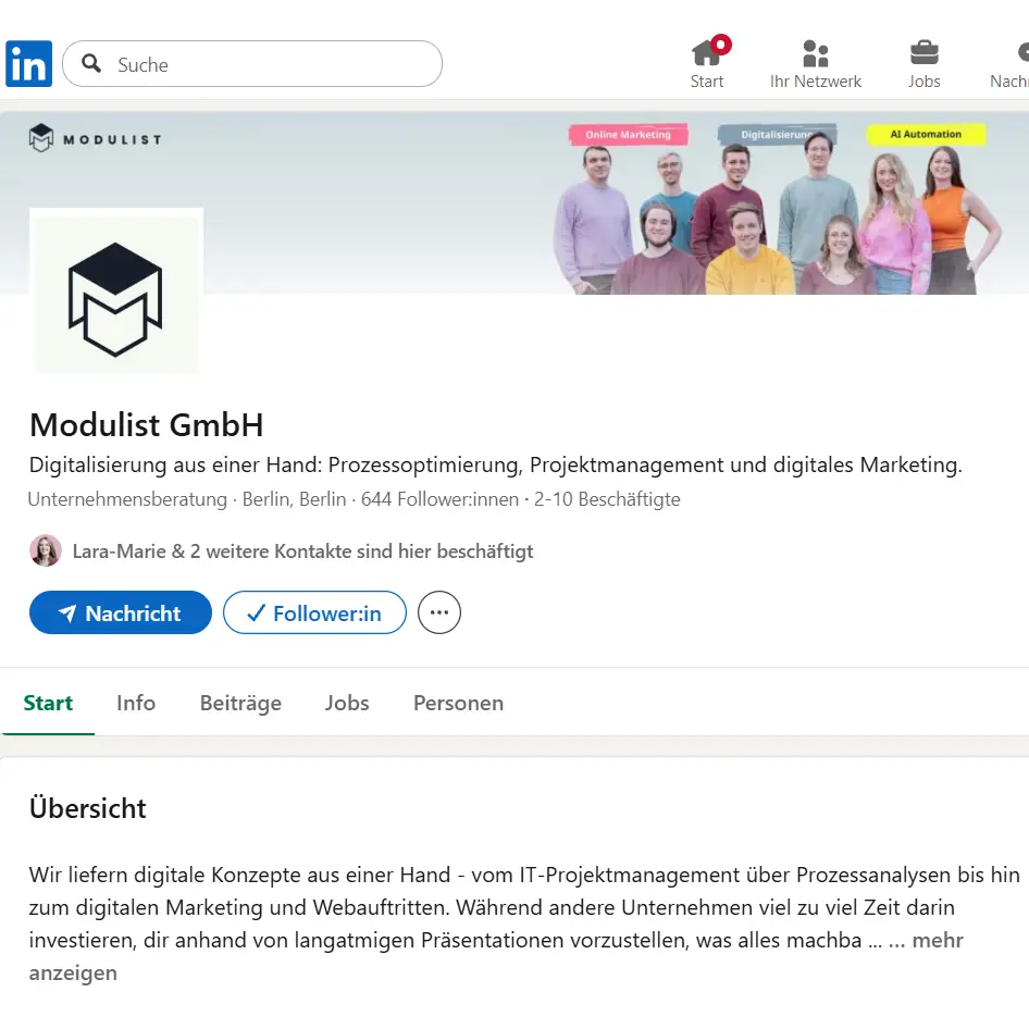 LinkedIn-Unternehmensprofil von Modulist GmbH mit Beschreibung und Teamfoto.