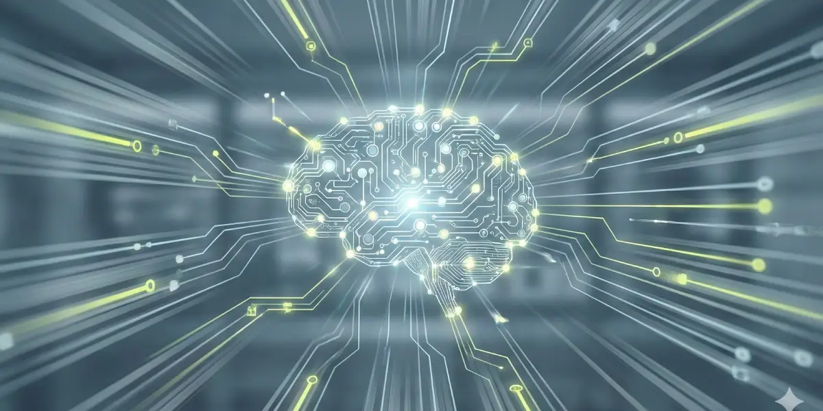 Digitales Gehirn mit leuchtenden Datenverbindungen auf grauem Hintergrund