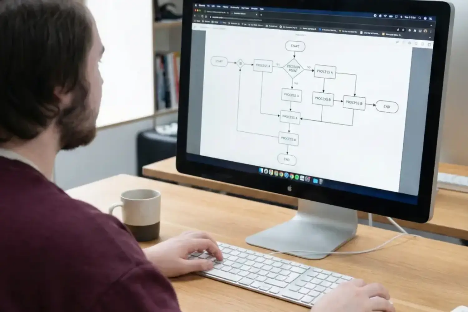 Person sitzt an einem Schreibtisch und betrachtet einen Flussdiagramm auf einem Computerbildschirm.