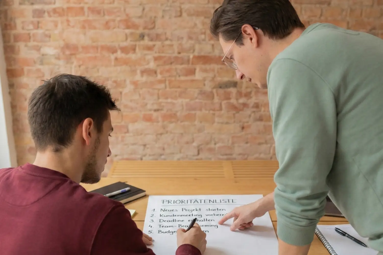 Zwei Männer arbeiten gemeinsam an einem großen Blatt Papier mit Notizen, einer zeigt auf das Papier, der andere schreibt.