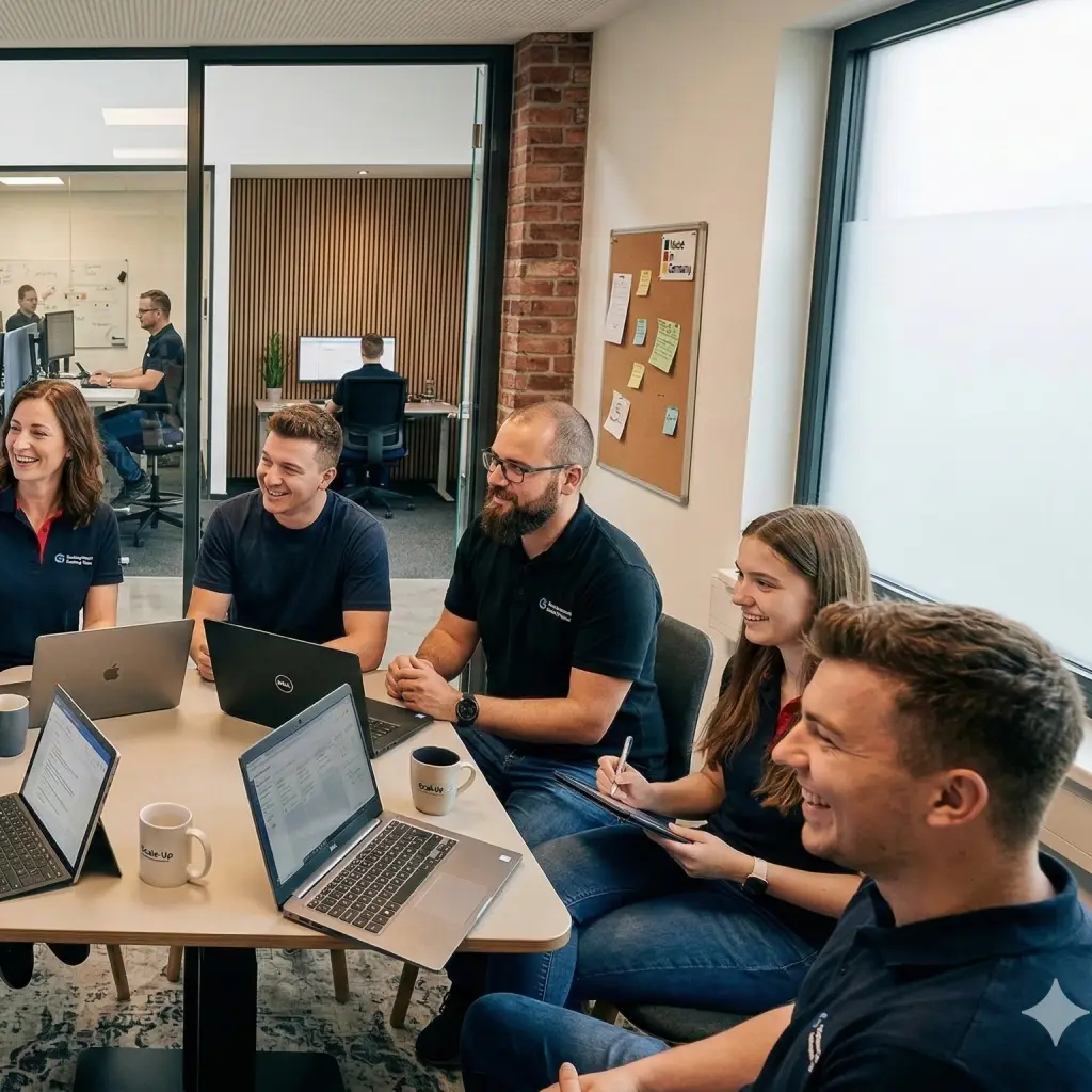 Fünf Personen sitzen an einem Tisch mit Laptops und lachen in einem modernen Büro.