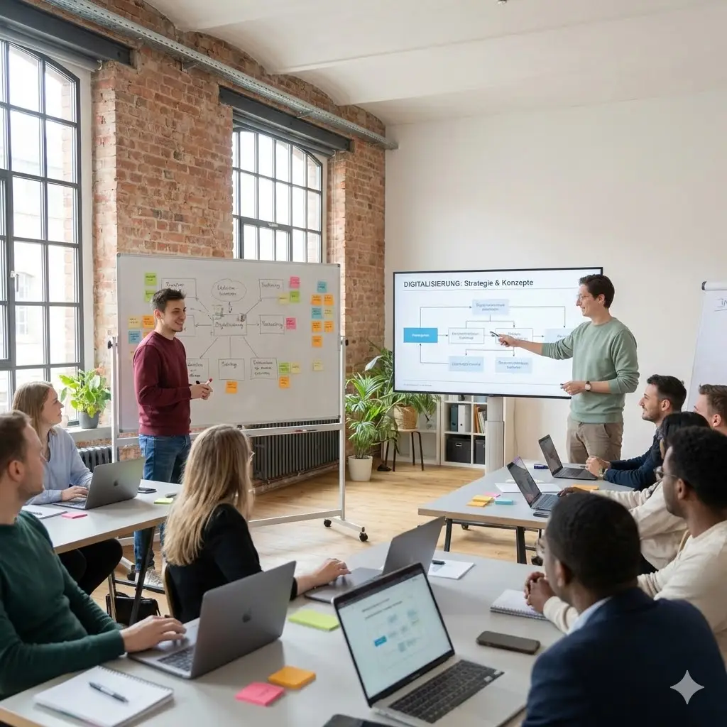 Team in modernem Büro bei Präsentation und Diskussion vor Whiteboard und Bildschirm.