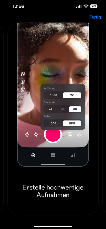 Smartphone-Bildschirm zeigt Kamera-App mit Einstellungen für Auflösung, FPS und Farbmodus, darunter Text "Erstelle hochwertige Aufnahmen".