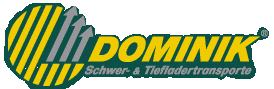 Logo von Dominik Schwer- & Tiefladertransporte mit grün-gelbem Streifenkreis und Pfeilen.