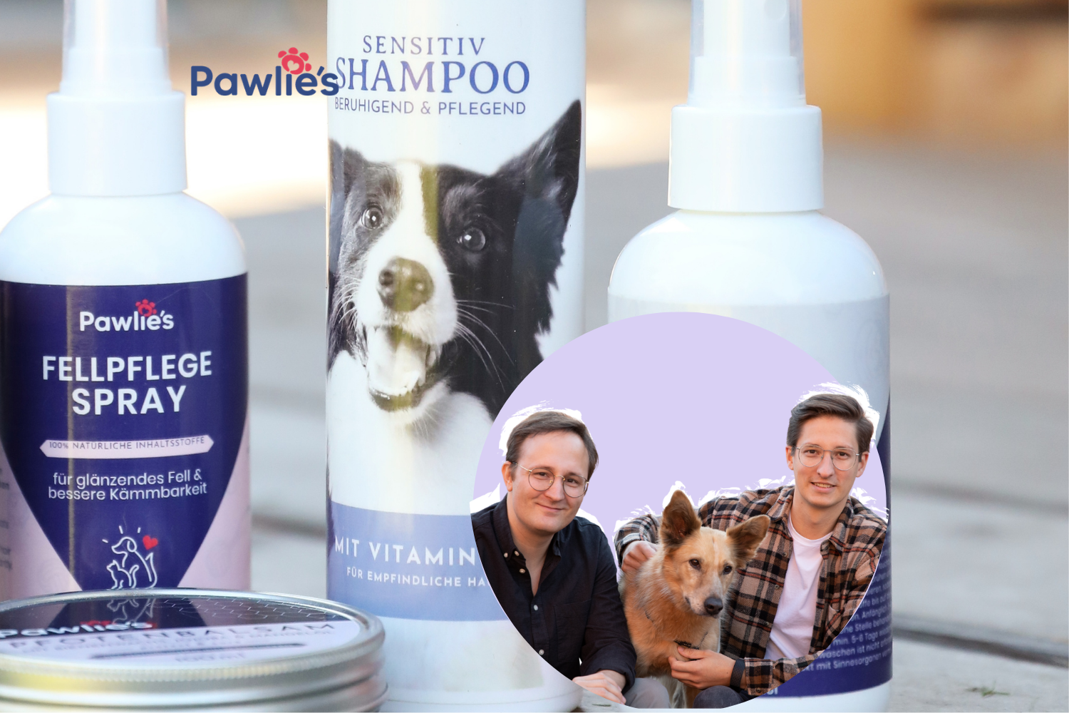 Drei Pflegeprodukte für Hunde und ein Foto von zwei Männern mit einem kleinen Hund.